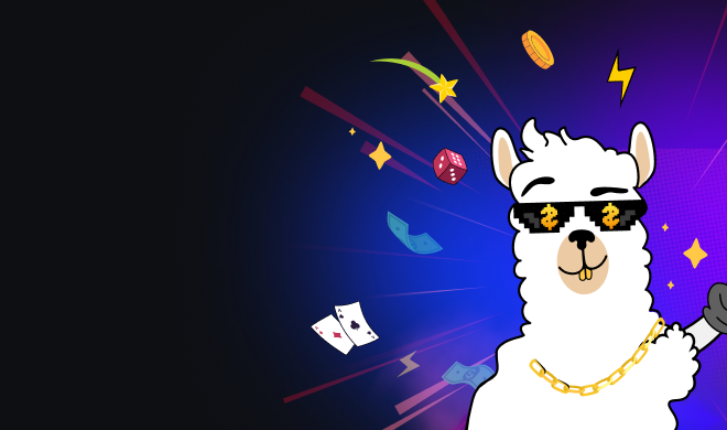 Mascotte lama di Lamabet Casino con occhiali da sole e elementi da casinò.